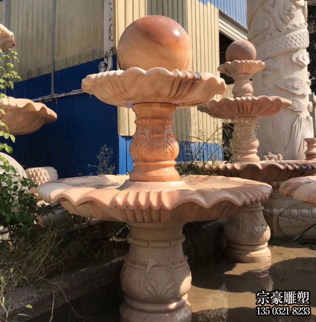 晚霞紅雙層風水球石雕水缽 晚霞紅雙層風水球石雕水缽