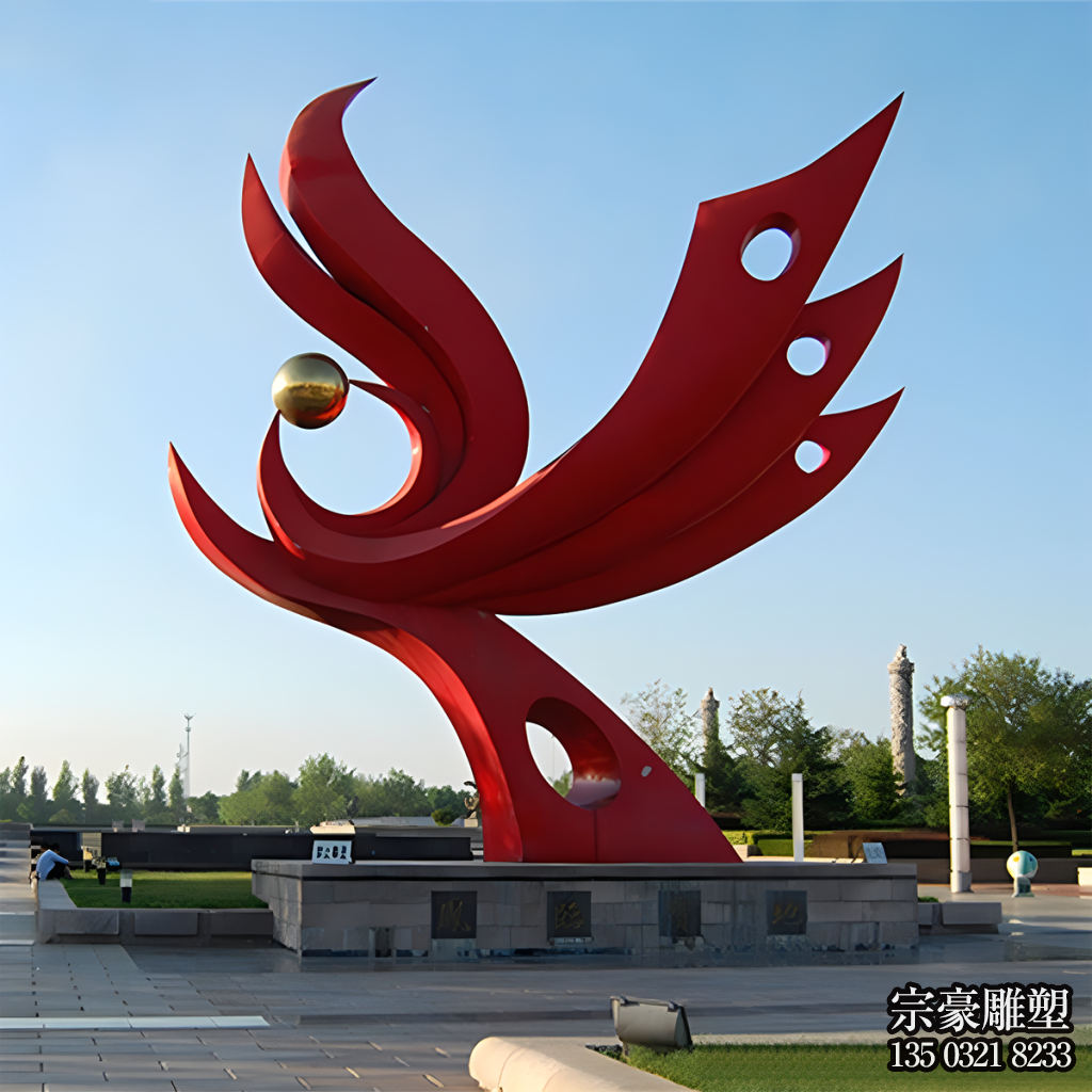 不銹鋼抽象鳳凰雕塑，紅色丹鳳朝陽不銹鋼景觀雕塑