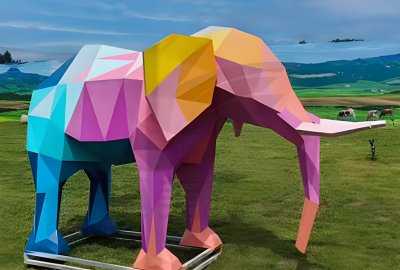 幾何塊面彩繪不銹鋼大象雕塑