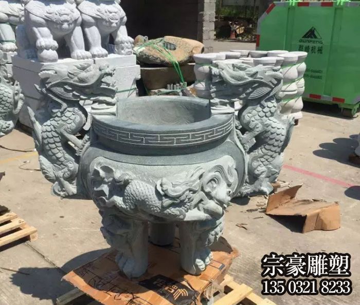 青石浮雕雙龍麒麟仿古圓形香爐寺院擺件 青石浮雕雙龍麒麟仿古圓形香爐寺院擺件